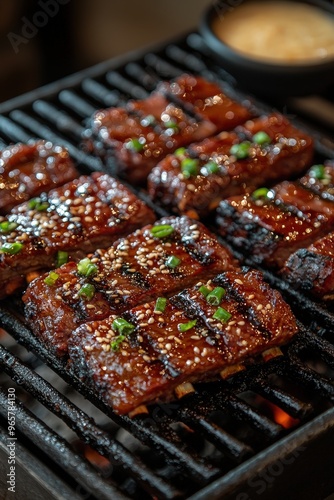 Galbi: Marinated short ribs grilled to perfection, served with a sweet and savory glaze, often eaten at Korean BBQ restaurants.