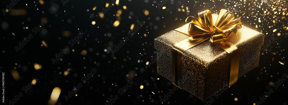 3D rendering, Gift boxes with golden bows on black background. AI generation. 3D rendering, Gift boxes with golden bows on black background. AI generation.
