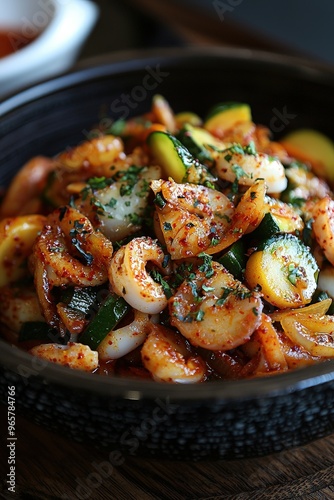 Ojingeo Bokkeum: Spicy stir-fried squid with vegetables and chili paste, a quick and delicious seafood dish.