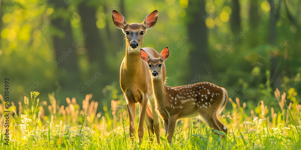 Two young deer standing next to each other in a field of grass and wildflowers with trees in the bac
Two young deer standing next to each other in a field of grass and wildflowers with trees in the bac