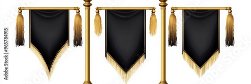 Black long pennant flags with golden tassel fringe and borders isolated on white background. Vector realistic template of blank textile pennons different shapes on gold pillars photo