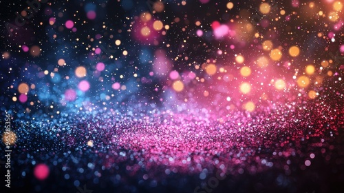 Vibrant abstract background featuring colorful glitters and bokeh lights glowing in a spectrum of colors during nighttime