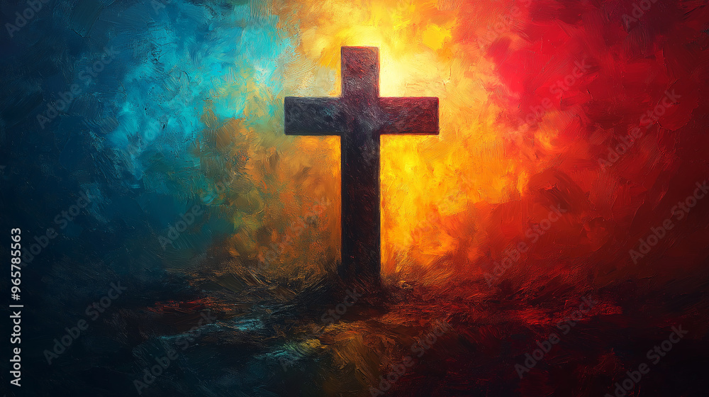 A painting of a cross with a blue background and a red background A painting of a cross with a blue background and a red background