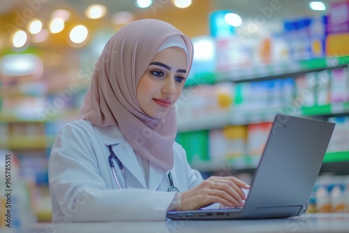 Female Doctor in a Hijab Using a Laptop in a Pharmacy