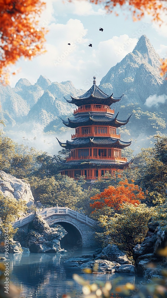 Obraz premium Elegant traditional Chinese architecture with stone bridges and serene gardens picture