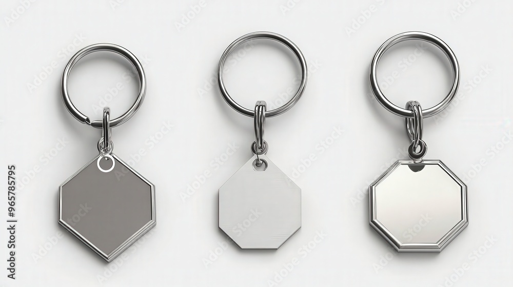 Keychains set. Metal round, square and hexagon keyring holders isolated on white background. Silver colored accessories or souvenir pendants mock up. Realistic 3d vector illustration, icon, clip art Keychains set. Metal round, square and hexagon keyring holders isolated on white background. Silver colored accessories or souvenir pendants mock up. Realistic 3d vector illustration, icon, clip art