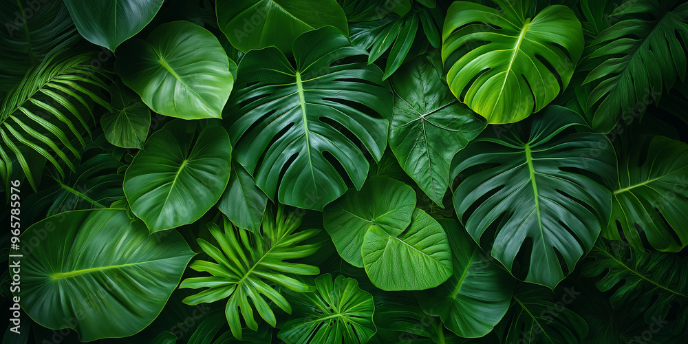 A lush green background with many leaves of various sizes A lush green background with many leaves of various sizes