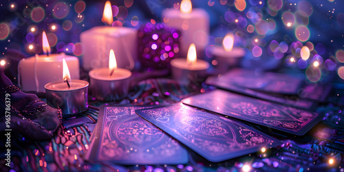 Crystals candles and other divination tools next to the tarot cards