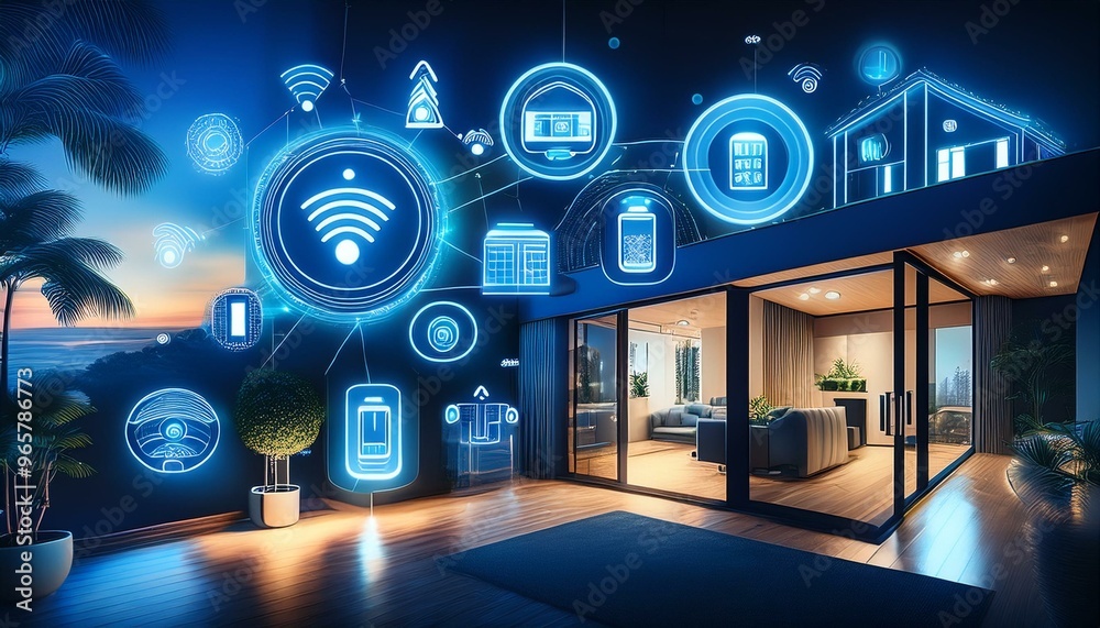 Fototapeta premium Illustrate a visually striking scene showcasing IoT Home Devices icons in a harmonious composition Include a stylized smart thermostat, gleaming smart lights, and intricate security system elements Em