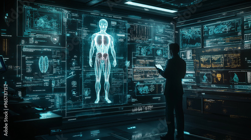 A man is standing in front of a computer monitor that displays a human body