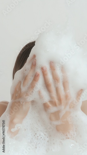 Woman taking bath with shower gel in bathroom, closeup