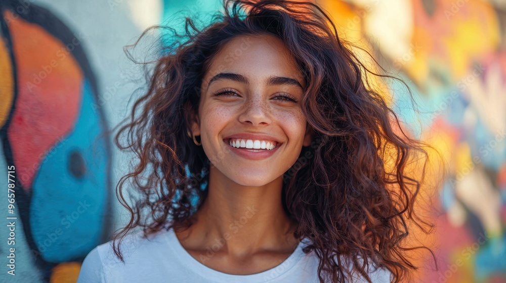 Obraz premium Portrait of a Joyful Woman in White T-Shirt Posing in Front of Vibrant Mural on Sunny Day