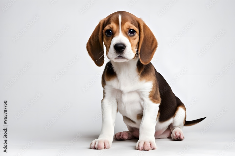 A brown and white beagle puppy with floppy ears sitting on a white background, Ai Generated A brown and white beagle puppy with floppy ears sitting on a white background, Ai Generated