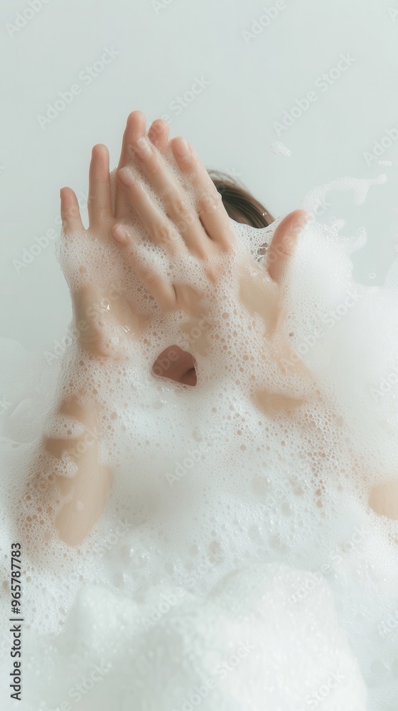 Fototapeta premium Woman taking bath with shower gel in bathroom, closeup