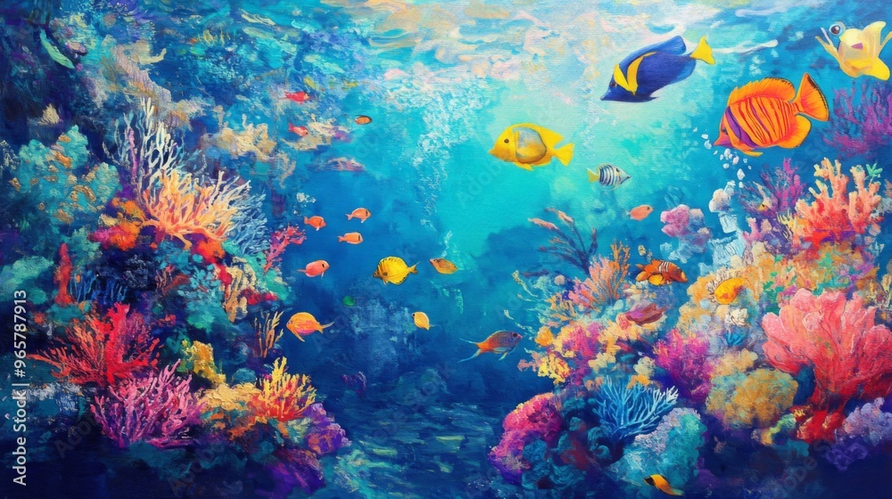 Naklejka premium Vibrant coral reef teeming with colorful fish and diverse marine life.