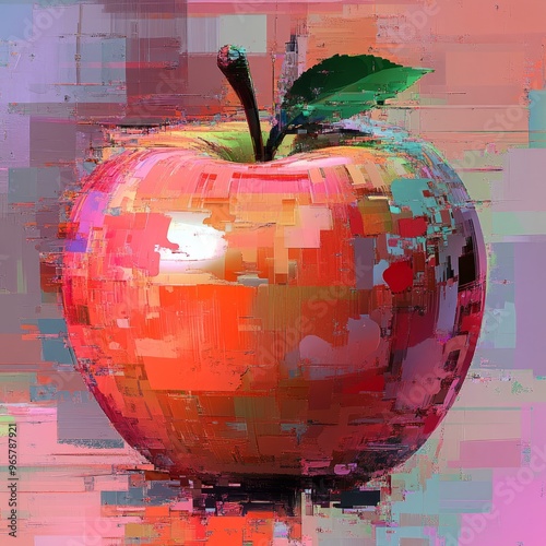 A single, red apple with a green leaf rendered in a pixelated, digital art style. photo