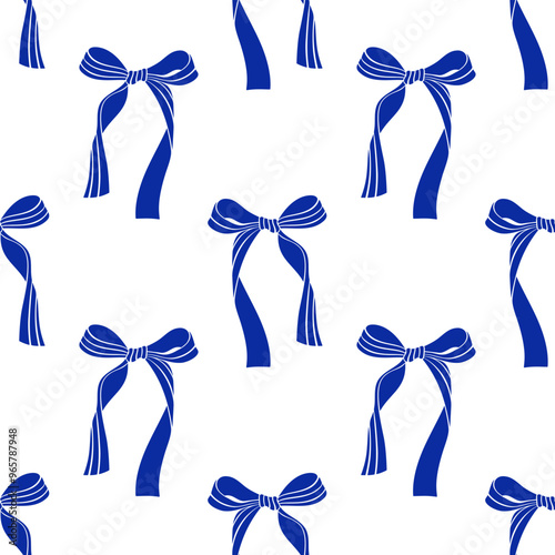 Cute coquette pattern seamless blue ribbon bow. Cute feminine romantic background for textile, fabric, wallpaper, wrapping.