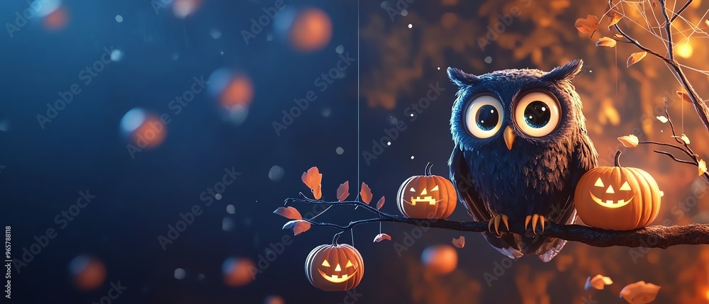 A whimsical owl perched on a branch, surrounded by glowing pumpkins and a dreamy autumn background, perfect for Halloween themes. A whimsical owl perched on a branch, surrounded by glowing pumpkins and a dreamy autumn background, perfect for Halloween themes.