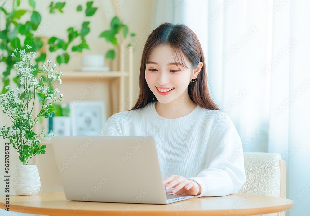 Asian woman using laptop computer. Asian woman using laptop computer.