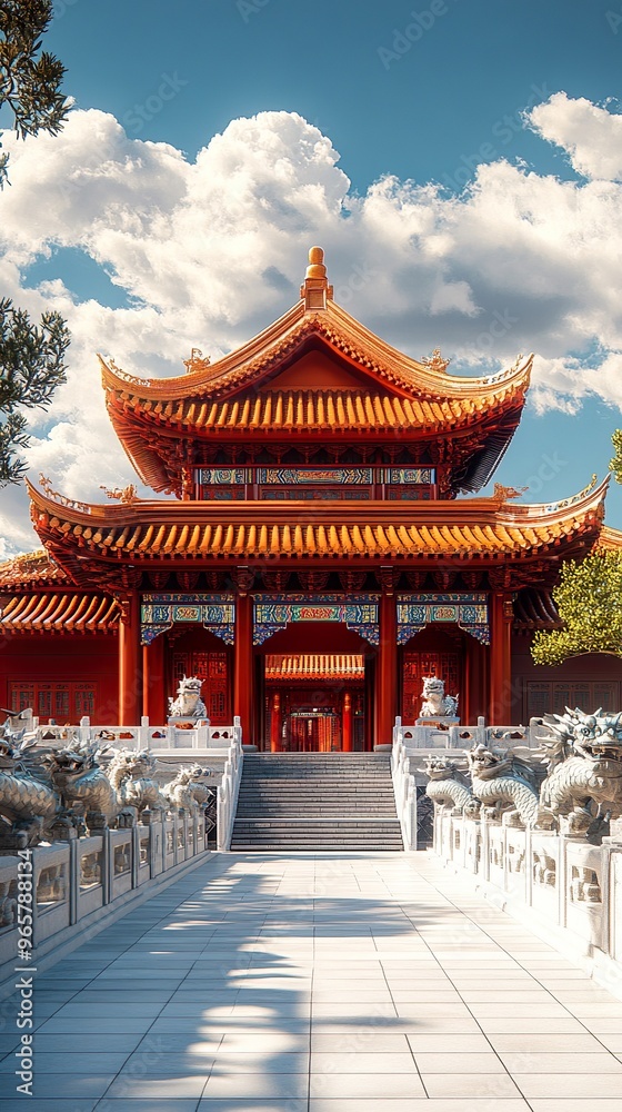 Obraz premium Serene garden views with ancient Chinese architecture and stone bridges picture
