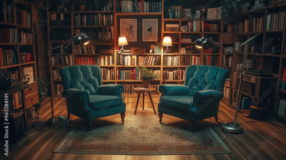Inviting podcast studio design with plush armchairs, cozy lighting, and microphones on stands, surrounded by bookshelves filled with books. Perfect environment for casual and relaxed podcast recording Inviting podcast studio design with plush armchairs, cozy lighting, and microphones on stands, surrounded by bookshelves filled with books. Perfect environment for casual and relaxed podcast recording