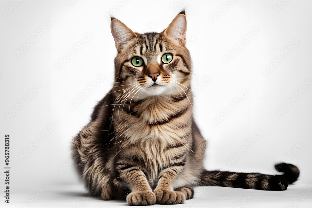 A curious tabby cat with green eyes sitting with its tail curled on a white background, AI Generated A curious tabby cat with green eyes sitting with its tail curled on a white background, AI Generated