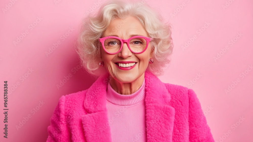A woman in a pink coat and glasses is smiling A woman in a pink coat and glasses is smiling