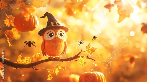 A whimsical autumn scene featuring a cute owl in a witch hat surrounded by pumpkins, leaves, and playful spiders. photo