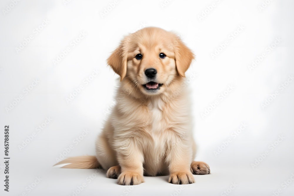 A fluffy golden retriever puppy sitting on a white background wagging it tail, AI Generated A fluffy golden retriever puppy sitting on a white background wagging it tail, AI Generated