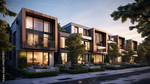 row of modern houses with a street and trees