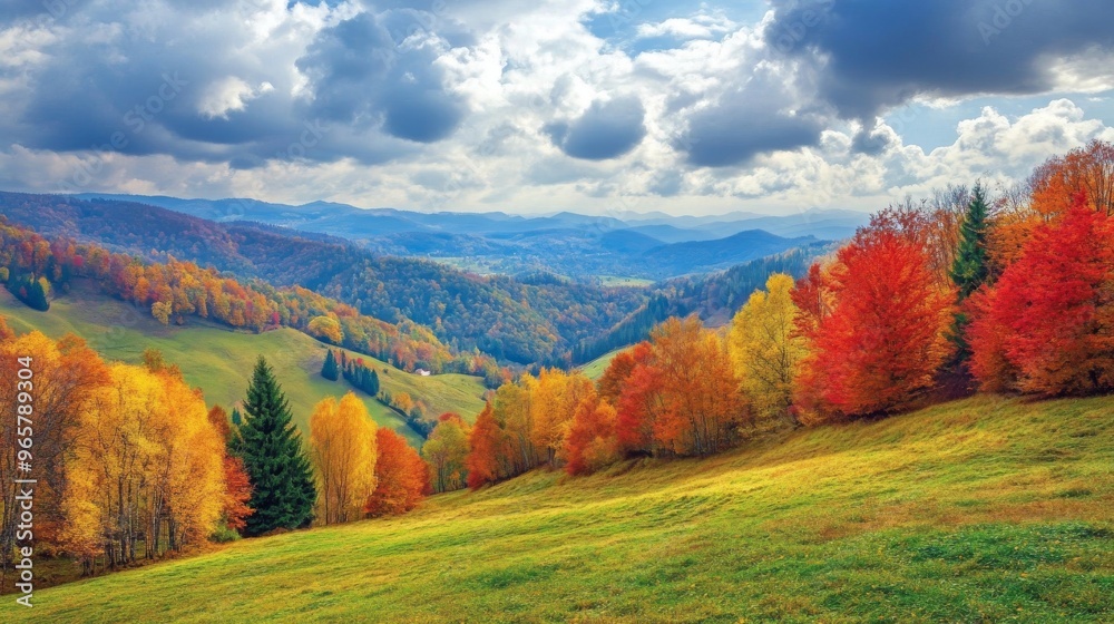 Fototapeta premium Beautiful autumn scenery with rolling hills and colorful trees.