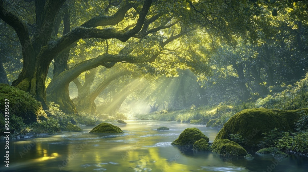 Serene Forest Landscape with Ancient Oak Trees and Foggy Stream Serene Forest Landscape with Ancient Oak Trees and Foggy Stream