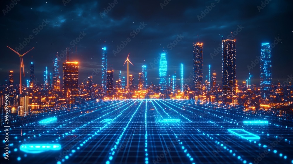 A vast field of solar panels and wind turbines generating clean energy, integrated into a futuristic city's smart grid, with glowing blue holographic technology, Sci-fi, Neon A vast field of solar panels and wind turbines generating clean energy, integrated into a futuristic city's smart grid, with glowing blue holographic technology, Sci-fi, Neon