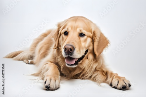 A gentle golden retriever lying down on a white background smiling softly, AI Generated