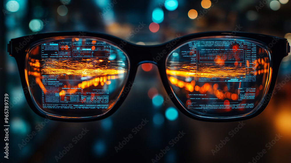 A pair of glasses with a computer screen on the lenses A pair of glasses with a computer screen on the lenses