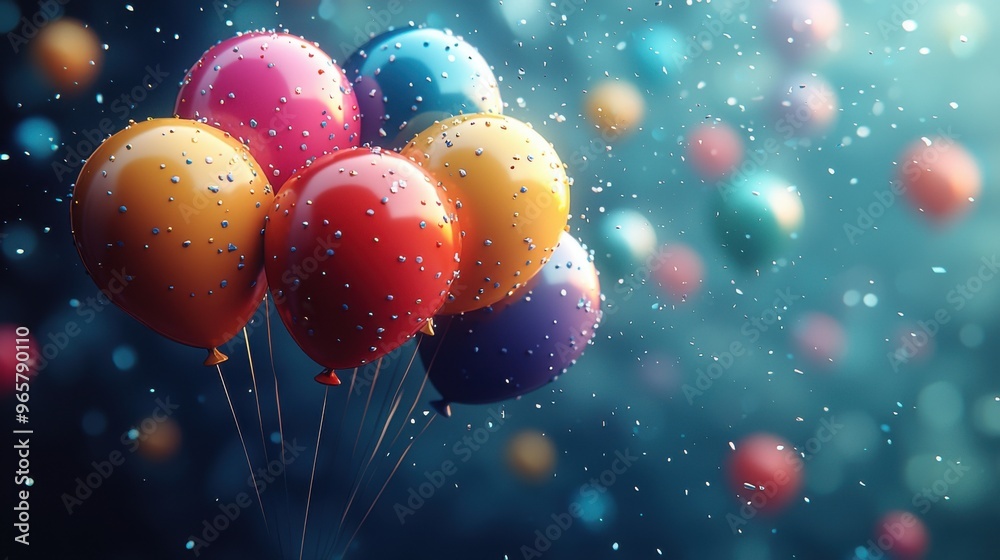 Colorful balloons floating in a festive atmosphere with sparkling confetti at a joyful celebration event