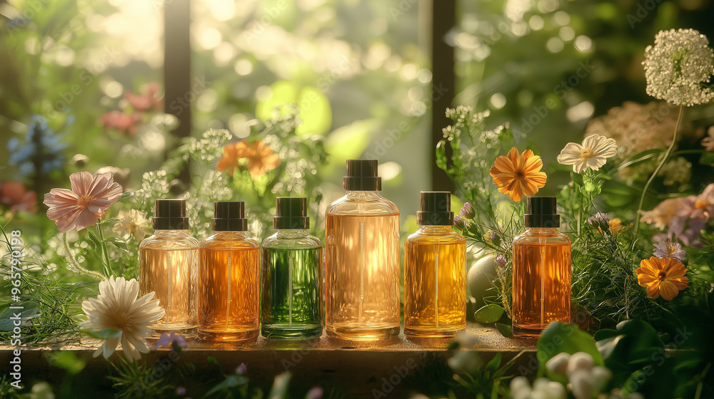 A row of perfume bottles are displayed on a table with flowers in the background A row of perfume bottles are displayed on a table with flowers in the background