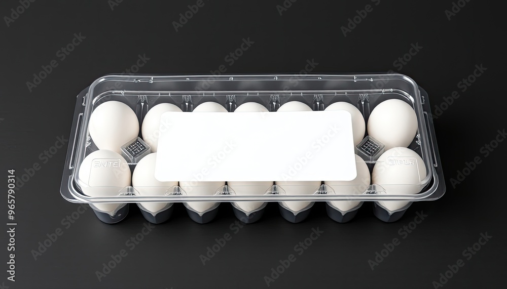 Blank transparent plastic egg tray with white label mockup stack. eggs in carton. eggs in a box Blank transparent plastic egg tray with white label mockup stack. eggs in carton. eggs in a box