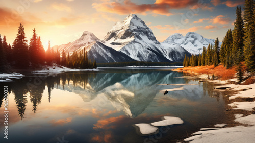 mountain lake with snow-capped peaks and lush green grass