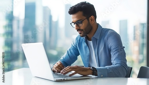 Focused Young Professional Working on Laptop, Cityscape Background, Workplace Productivity.