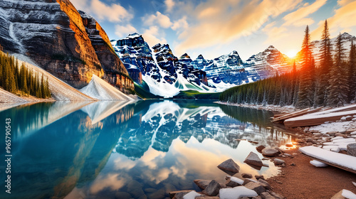 mountain lake with snow-capped peaks and evergreen trees