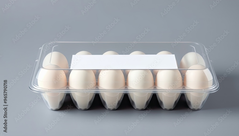Blank transparent plastic egg tray with white label mockup stack. eggs in carton. eggs in a box
