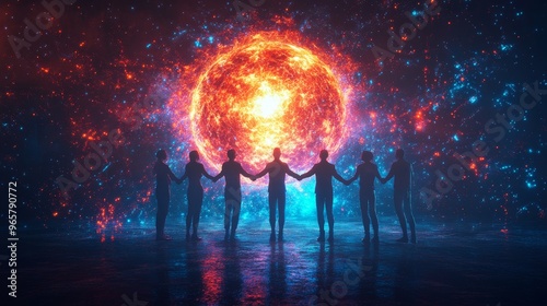 Group of silhouettes holding hands around a radiant AI-generated orb, glowing hologram, abstract, dark background, futuristic, high contrast, neon colors