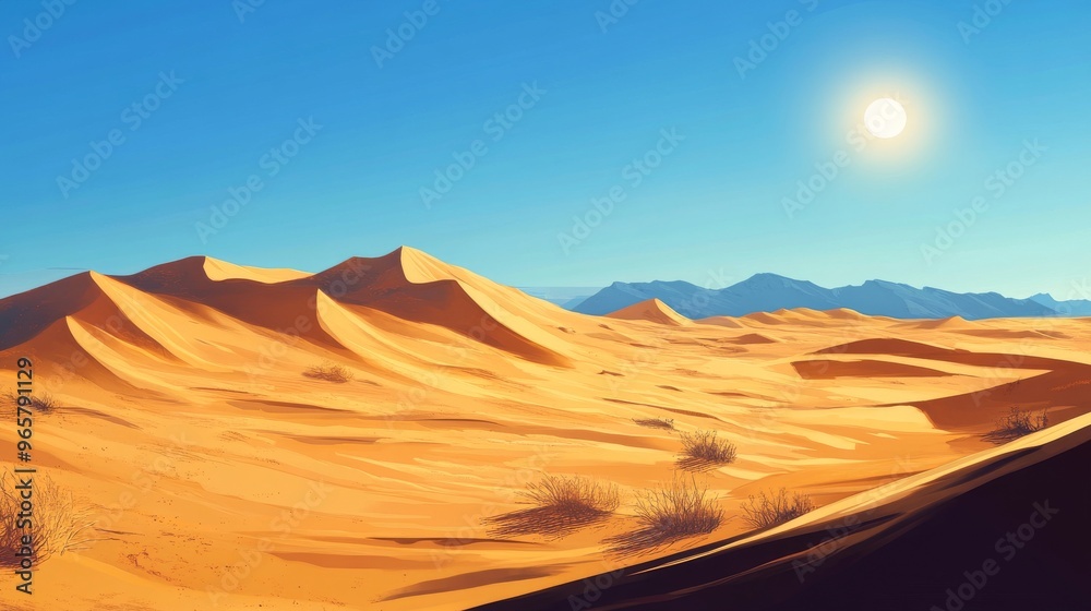 Dramatic Desert Landscape with Vast Sand Dunes and Distant Mountain Ranges