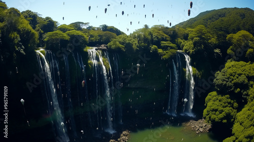beautiful waterfall cascading into a river surrounded by lush green trees and hills