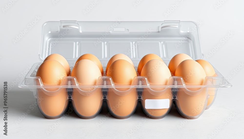 Blank transparent plastic egg tray with white label mockup stack. eggs in carton. eggs in a box Blank transparent plastic egg tray with white label mockup stack. eggs in carton. eggs in a box