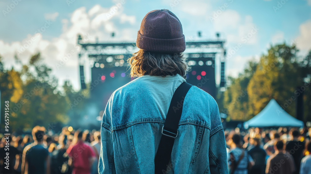 A person at 90s outdoor concert wearing ripped jeans and beanie enjoys vibrant atmosphere surrounded by crowd. scene captures essence of live music and nostalgia A person at 90s outdoor concert wearing ripped jeans and beanie enjoys vibrant atmosphere surrounded by crowd. scene captures essence of live music and nostalgia