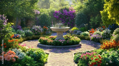 Lush Garden with Blooming Flowers, Stone Fountain, and Neatly Arranged Pathways