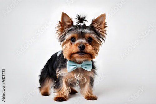 A small yorkshire terrier wearing a tiny bow standing on a white background, Ai Generated