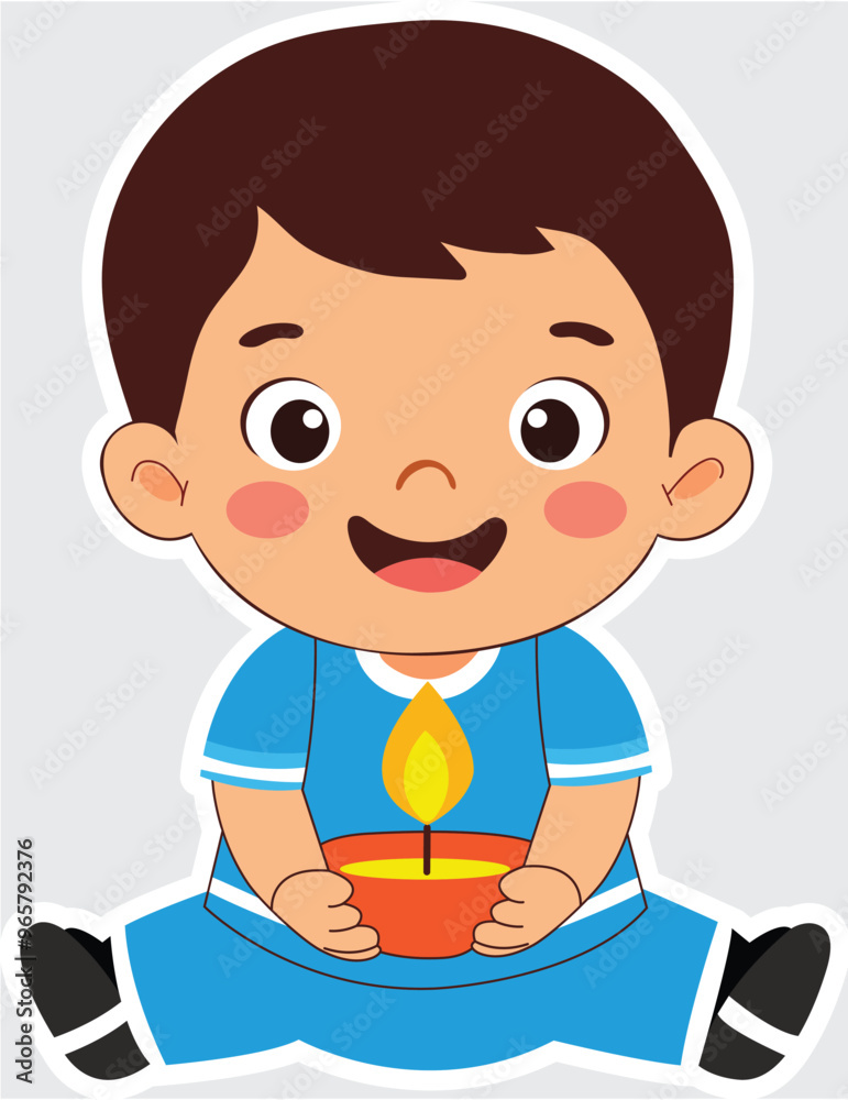 Cheerful Indian Boy Character Holding Illuminated Diwali Diya Element in Sticker Style. Cheerful Indian Boy Character Holding Illuminated Diwali Diya Element in Sticker Style.